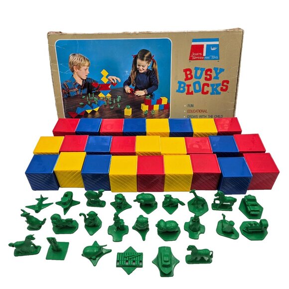 1970s Tupperware ABC Busy Blocks Missing I and R Green Figures Tupper Toys Box - Picture 1 of 16